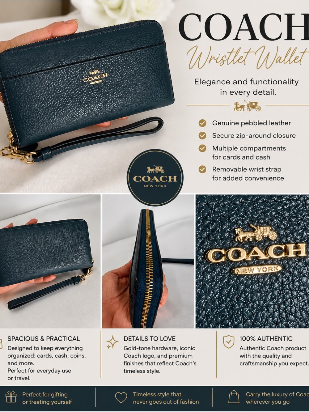 Coach Pebbled Leather Wristlet Wallet - teal/navy